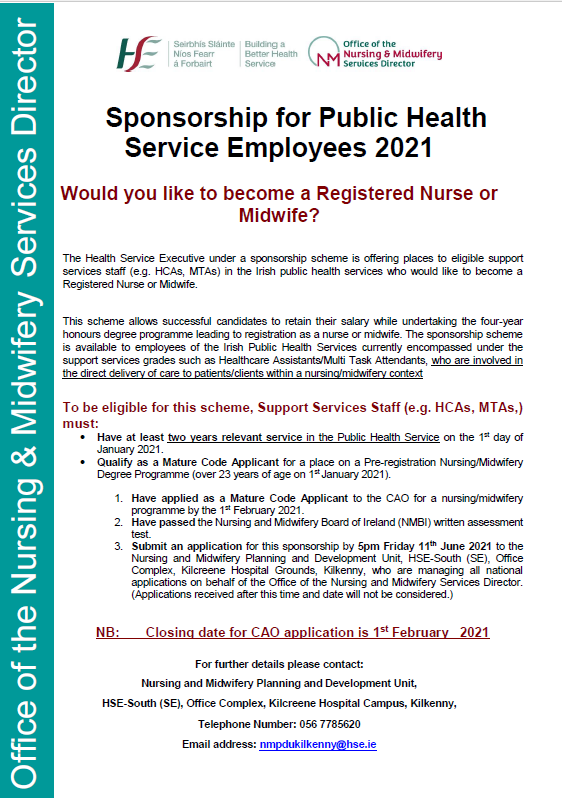 2021 Sponsorship for Public Health Service Employees wishing to train as Nurses/Midwives, apply to cao.ie and register with nmbi.ie/careers-in-nur… @NMPDUCorkKerry @NMPDUNorthWest @NMPDDN @NMPDMidlands @NurMidONMSD @NMPDU_Ardee @NmpdDskw