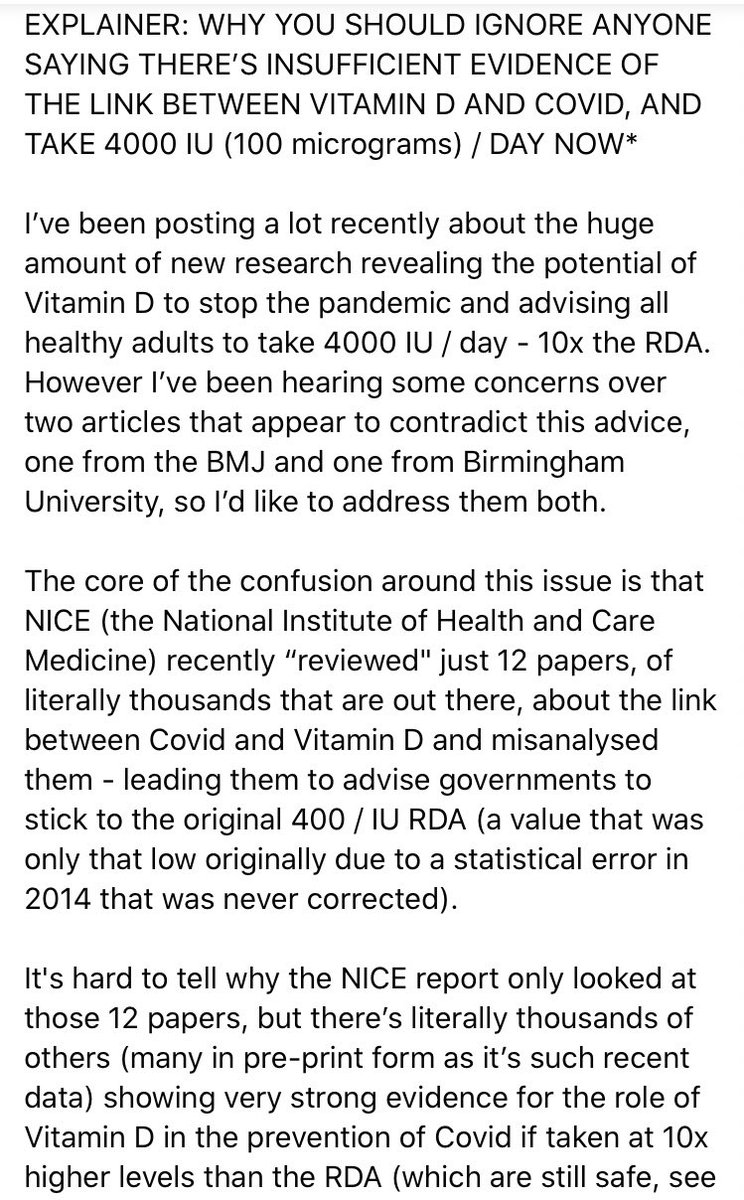 NEW EXPLAINER ATTACHED: why you should ignore people or articles saying there’s insufficient evidence of the link between Covid and Vitamin D and start taking 4000 IU (100 micrograms) / day NOW*. That’s 10x the RDA. Nothing to lose (except a few pennies) and everything to gain.