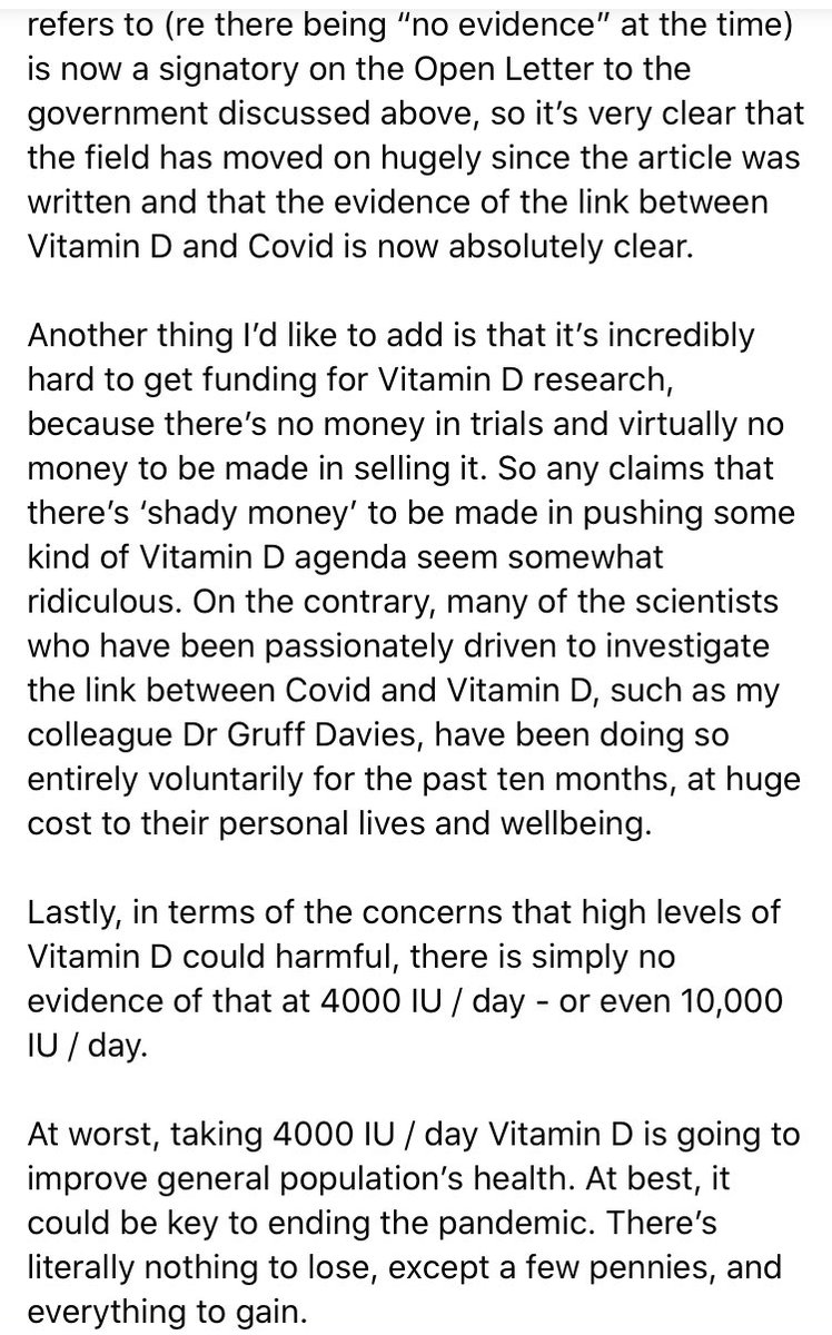 NEW EXPLAINER ATTACHED: why you should ignore people or articles saying there’s insufficient evidence of the link between Covid and Vitamin D and start taking 4000 IU (100 micrograms) / day NOW*. That’s 10x the RDA. Nothing to lose (except a few pennies) and everything to gain.