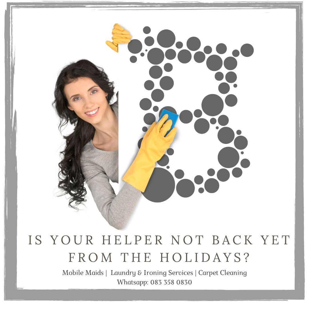 Box2BoxCleaning's tweet image. Make use of our Mobile Maids Service while you helper is still away. 

Call/Whatsapp: 083 358 0830
Email: info@box2boxcleaning.co.za 
#level5