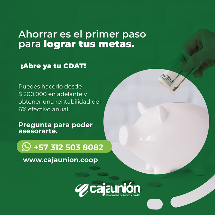 MiCajaUnion's tweet photo. 💰 CDAT CERTIFICADO DE AHORRO A TERMINO FIJO
Conoce todos los beneficios con nuestro equipo de asesores.
Te garantizamos rentabilidad con tasa fija durante el plazo pactado.

https://t.co/D3DgXukvlI
📞 572 0155 - 583 8374.
Whatsapp: 312 503 8082 https://t.co/A0KQ7KNy2U