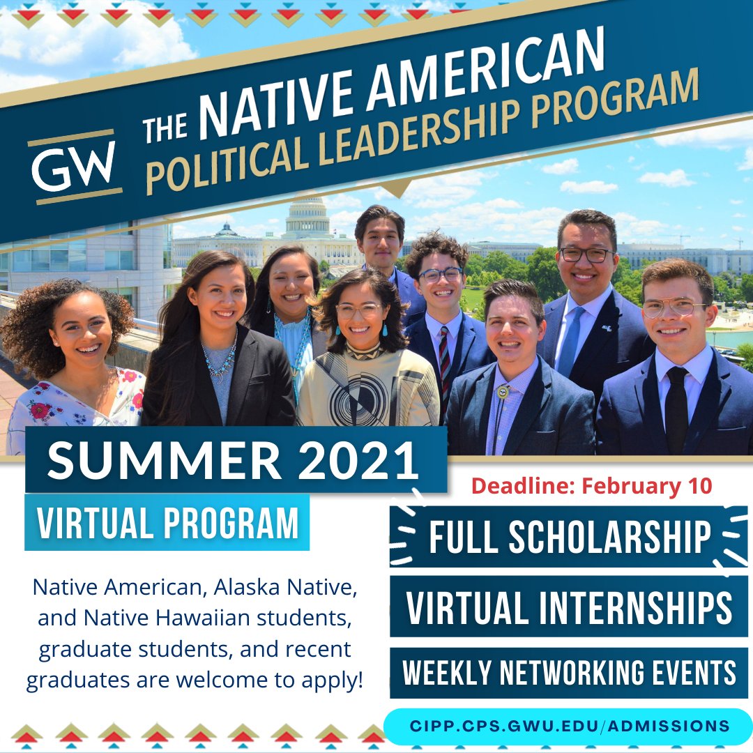⭐️Accepting Applications for Summer 2021!⭐️ 
Learn more: bit.ly/390y5cF ✔️Due: February 10

We aim to elevate the next generation of #Indigenous leaders. Study tribal policy and complete a virtual #internship this summer! 
 
#NativeAmerican #AlaskaNative #NativeHawaiian