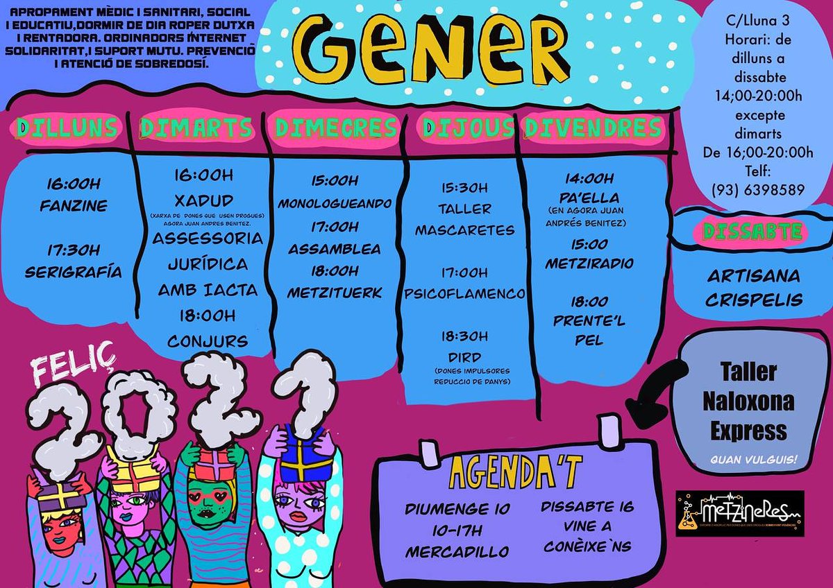 Metzineres_org's tweet photo. Primera MetziAgenda del 2021!
El fred no ens paralitza a les Metzineres, seguim creant i conspirant juntes 🔮✨
#metziagenda #gener #serigrafia #xadud #conjurs #monologueando #metzituerk #psicoflamenco #tallermascaretes #dird #paella #metziradio #metzineres #elraval #barcelona https://t.co/b2R3VXyEPh