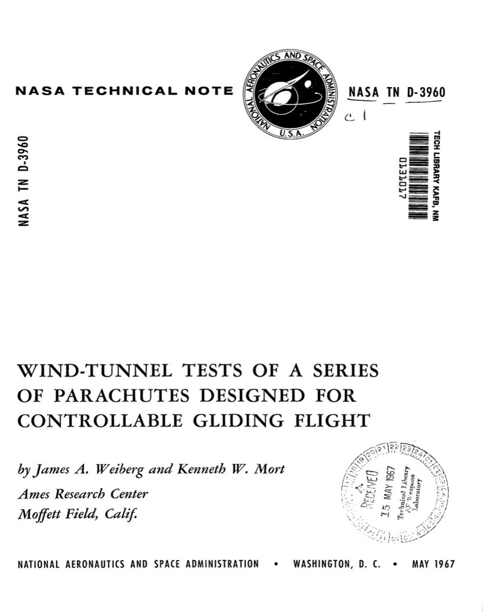 2/4. Nasa ran wind tunnel tests of the sailwing in the early 1960’s, in efforts paralleling the tests on Rogallo’s single-surface parawings intended for spacecraft recovery.  @pilliarscreatio  @aerohistorian  @aiaa  @ADS_TC  #parachute  @UrbanSpaceMan64