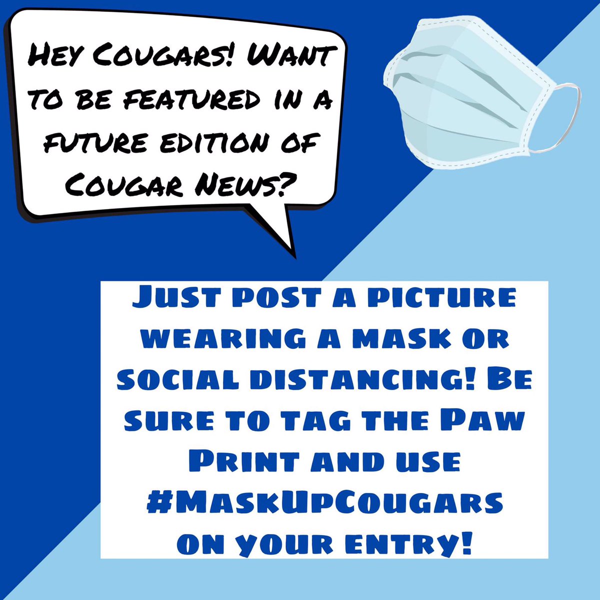 The Paw Print (@pawprint_pshs) on Twitter photo Attention Cougars!!!
The Cougar News wants to see staff and students following proper COVID protocol! Post a photo of yourself using the hashtag #MaskUpCougars to have a chance of being featured in the next Cougar News.
Also, be sure to tag us <a href="/pawprint_PSHS/">The Paw Print</a> 😊 Attention Cougars!!!
The Cougar News wants to see staff and students following proper COVID protocol! Post a photo of yourself using the hashtag #MaskUpCougars to have a chance of being featured in the next Cougar News.
Also, be sure to tag us <a href="/pawprint_PSHS/">The Paw Print</a> 😊