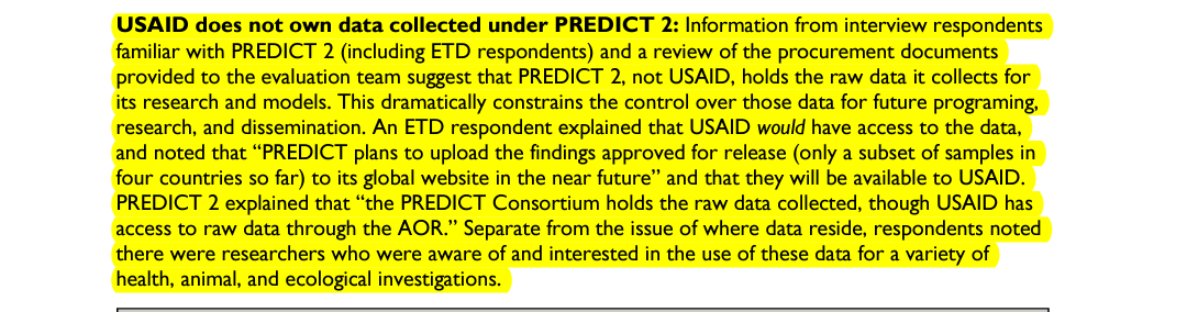 In this report, USAID officials expressed apprehensions about transparency over the data collected under PREDICT.USAID Emerging Pandemic Threats 2 Program Evaluation (March 2018) http://web.archive.org/web/20190208171219/https://pdf.usaid.gov/pdf_docs/PA00SW1M.pdf