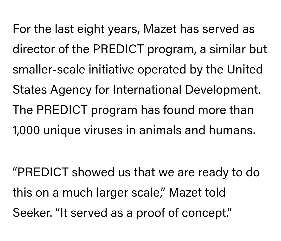 I'll add some quotes here: "PREDICT showed us that we are ready to do this on a much larger scale,” Mazet told Seeker. “It served as a proof of concept.” https://www.seeker.com/health/the-global-virome-project-is-hunting-hundreds-of-thousands-of-deadly-viruses