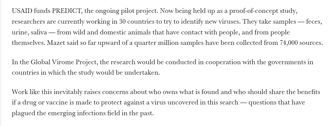 And just as with PREDICT, there were concerns about data transparency: "Work like this inevitably raises concerns about who owns what is found and who should share the benefits if a drug or vaccine is made to protect against a virus uncovered in this search"