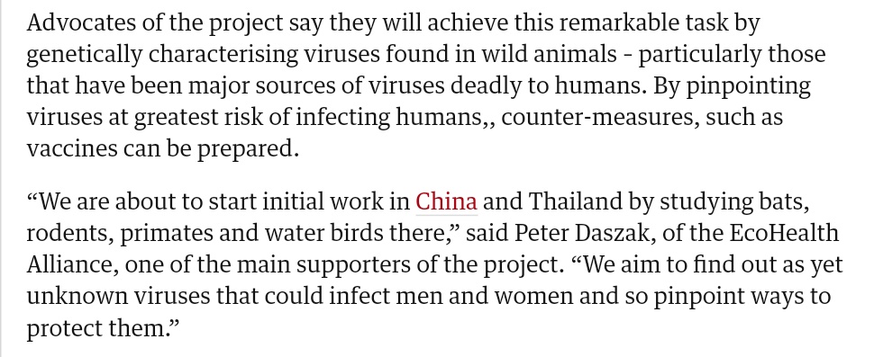 “We are about to start initial work in China and Thailand by studying bats, rodents, primates and water birds there,” said Peter Daszak, of the EcoHealth Alliance, one of the main supporters of the project. https://www.theguardian.com/science/2018/jun/24/global-pandemic-prevented-map-animal-virus-ebola-sars-zika