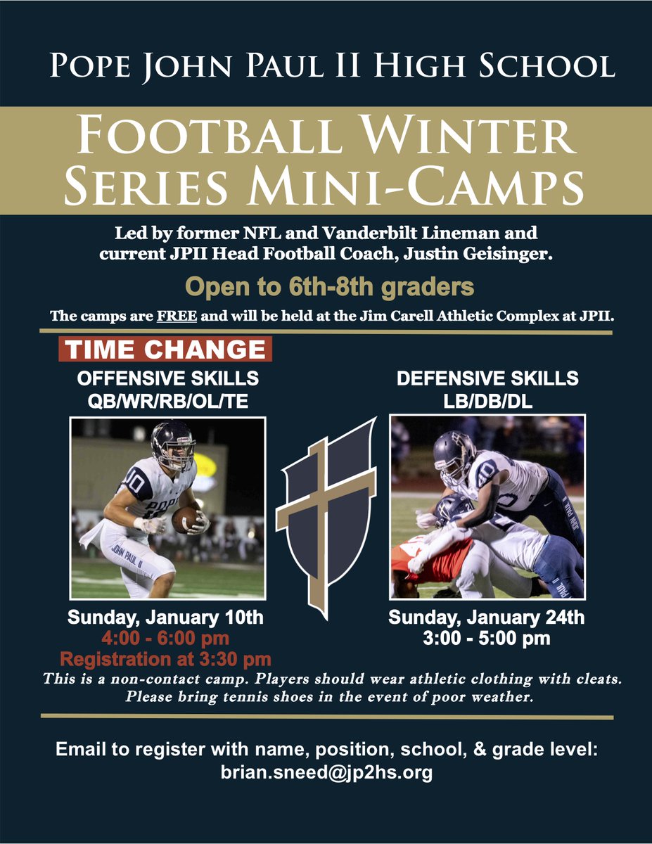 Calling all middle schoolers!  Do not miss the opportunity to come out to our FREE offensive skills camp this coming Sunday.  Camp time has been pushed back 1 hour so you can watch our <a href="/Titans/">Tennessee Titans</a> take on the Ravens and then come out to JPII to get better!  Register now!  #CTS