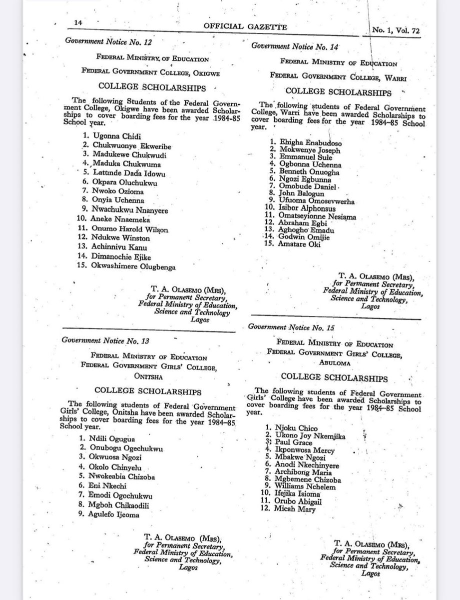 Found these online: Unity School Scholarships from  @NigeriaGov, January 1985 (1984-85 School Year). FGCs and FGGCs. I wonder where all these folks are today? Perhaps you might know one or more of them?