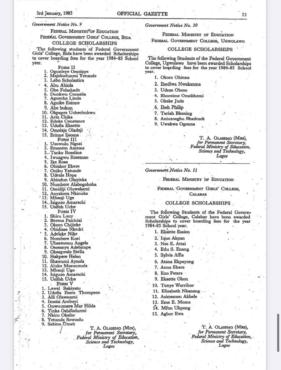 Found these online: Unity School Scholarships from  @NigeriaGov, January 1985 (1984-85 School Year). FGCs and FGGCs. I wonder where all these folks are today? Perhaps you might know one or more of them?