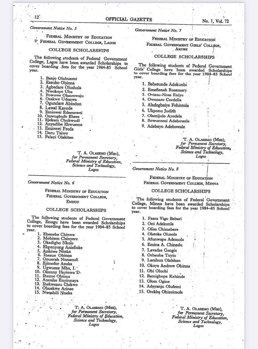 Found these online: Unity School Scholarships from  @NigeriaGov, January 1985 (1984-85 School Year). FGCs and FGGCs. I wonder where all these folks are today? Perhaps you might know one or more of them?