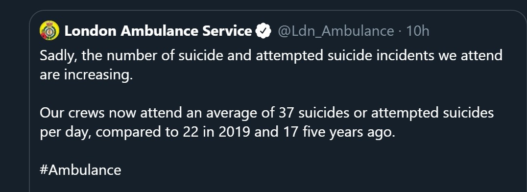 <a href="/GreenH11/">H Green ✝️ 🌸🏴󠁧󠁢󠁷󠁬󠁳󠁿</a> <a href="/emmakennytv/">Emma Kenny</a> More than 4,500 extra suicides/attempt suicides in London alone this year, I am sorry but they dont give a **** 🤬🤬 #Heinous <a href="/MattHancock/">Matt Hancock</a> <a href="/BorisJohnson/">Boris Johnson</a> <a href="/NicolaSturgeon/">Nicola Sturgeon</a>