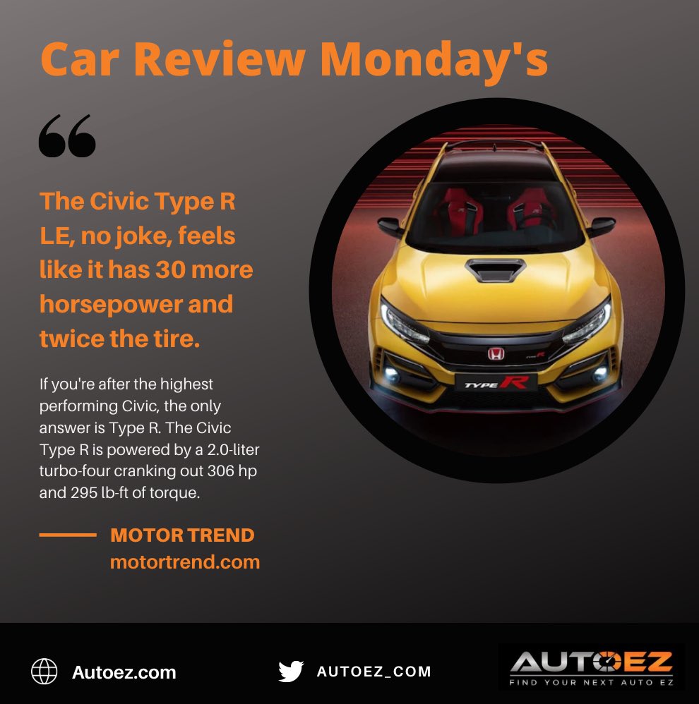 AutoEZ_com's tweet image. Read up on @motortrend thoughts on the 2021 Civic Type R in this weeks edition of Car Review Monday #civictyper