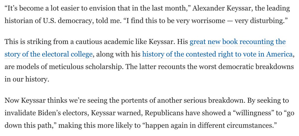 Time to get real. A future GOP-controlled Senate and House might take the plunge and invalidate a victorious Dem's electors.Alexander Keyssar tells me this is "very worrisome."“It’s become a lot easier to envision that in the last month," he says. 4/ https://www.washingtonpost.com/opinions/2021/01/04/alexander-keyssar-historian-trump-call-electoral-college/