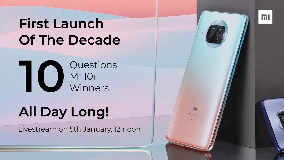 XiaomiIndia's tweet image. Brace yourselves for the FIRST product launch of the decade! #ThePerfect10🤩

🎯 10 Questions
📱 10 #Mi10i 
😎 10 Winners
⌛ All-day long contest!

Join us on 5th January at 12 noon! RT with #IloveMi if you&apos;re participating.