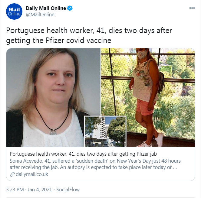 This is staggeringly irresponsible reporting from the Mail Online. More than *12 million* people worldwide have already had a vaccine dose. It would be nuts for none of them to have died afterwards by chance