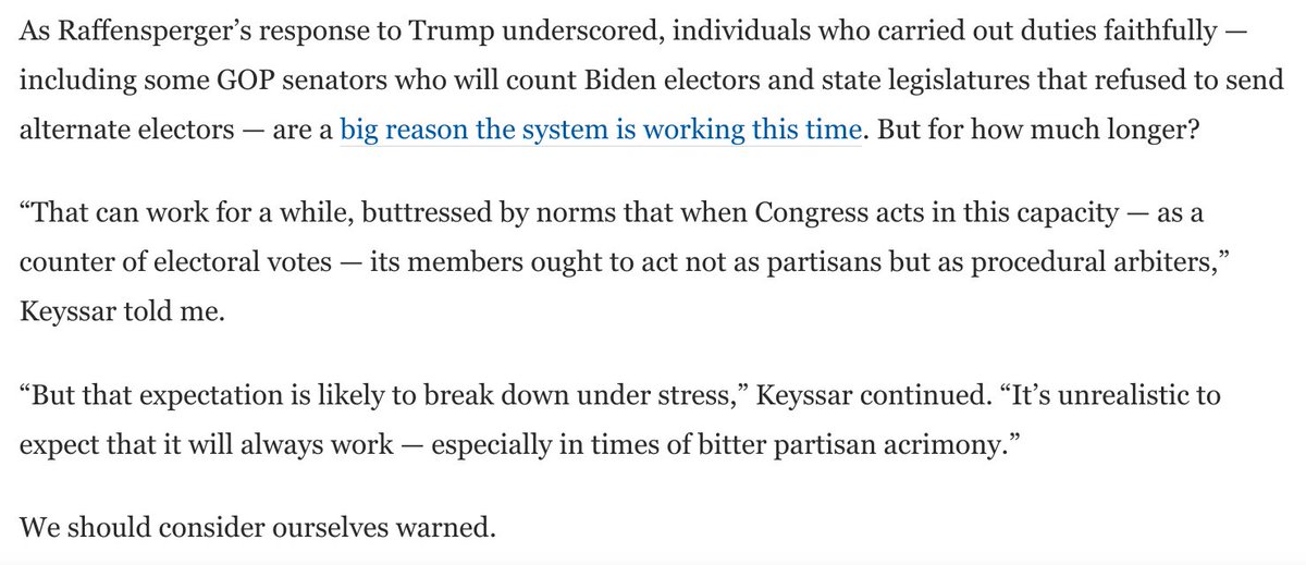 If Dems win the Senate, they must consider trying to amend the Electoral Count Act.But in the end, the problem is this: It's really hard to build legislative safeguards against such naked bad faith. Keyssar was fascinating on both these topics. 7/ https://www.washingtonpost.com/opinions/2021/01/04/alexander-keyssar-historian-trump-call-electoral-college/