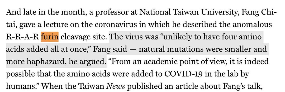 Ex. The story pulls this quote from Feb 2020, saying a coronavirus is “unlikely to have four amino acids added all at once"Just last month, we learned of two variants w/ 17 and 10 similar changes arising naturally in the UK and South Africa, respectively  https://nymag.com/intelligencer/article/coronavirus-lab-escape-theory.html