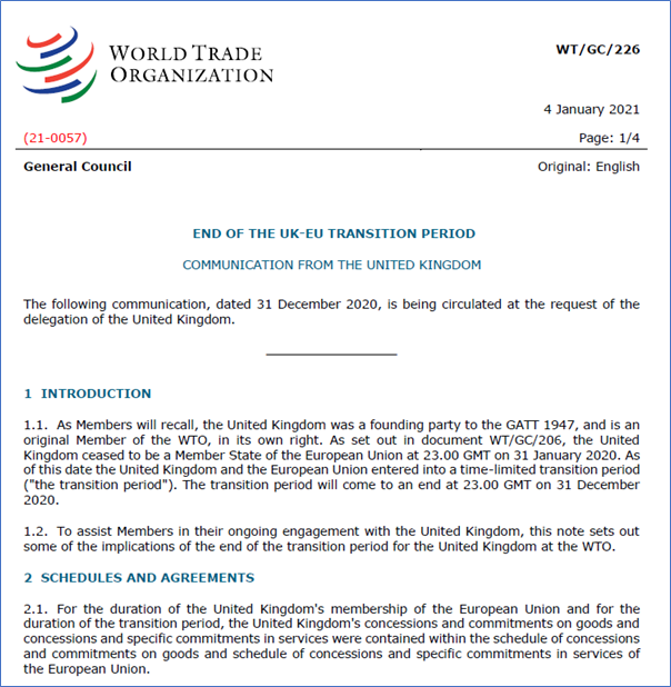 NEW UK DOCUMENTThe UK has circulated a new document outlining the latest situation with the commitments on goods and services, various agreements, applied tariffs and preferences (GSP, UK-EU deal), WTO dispute settlement, trade remedies, laws https://docs.wto.org/dol2fe/Pages/SS/directdoc.aspx?filename=q:/WT/GC/226.pdf&Open=True2/12
