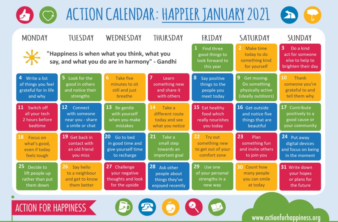 The best way to try to handle our difficult emotions and experiences is by focusing on what we can control. This month, we're encouraging everyone to focus on small steps to try to boost happiness. Take daily actions using the <a href="/actionhappiness/">Action for Happiness</a>  calendar 👇🏿#positiveimpacts
