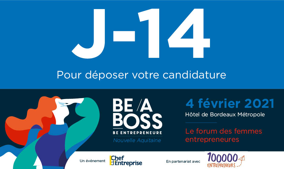 J-14 pour les candidatures #Beaboss2021 #nouvelleaquitaine 
Porteuse de projet ou déjà entrepreneure ? Postulez pour les Be a boss Awards 2021 !
&gt; Candidatures gratuites sur bit.ly/38bxHJu
&gt; Programme complet de la journée et inscription sur bit.ly/38WsuUR