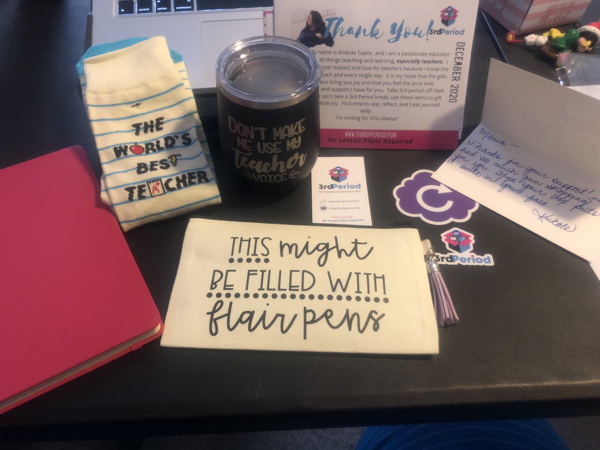 mfpeanut's tweet image. Today, during my virtual 3rd period, which happens to be my planning period this year, my #thirdperiod box arrived and it is awesome! It made me laugh. I can’t wait to use all of it, but especially my cup! Fellow teachers, check them out at thirdperiod.fun! @knikole