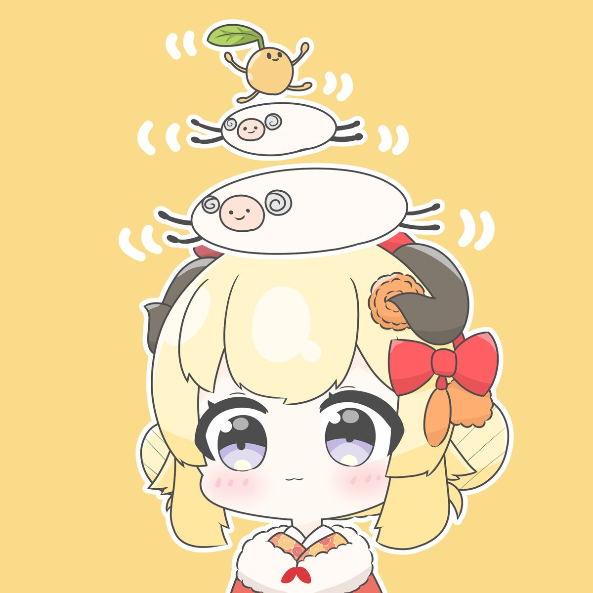 tsunomaki watame 1girl blonde hair horns chibi japanese clothes hair bun bow  illustration images