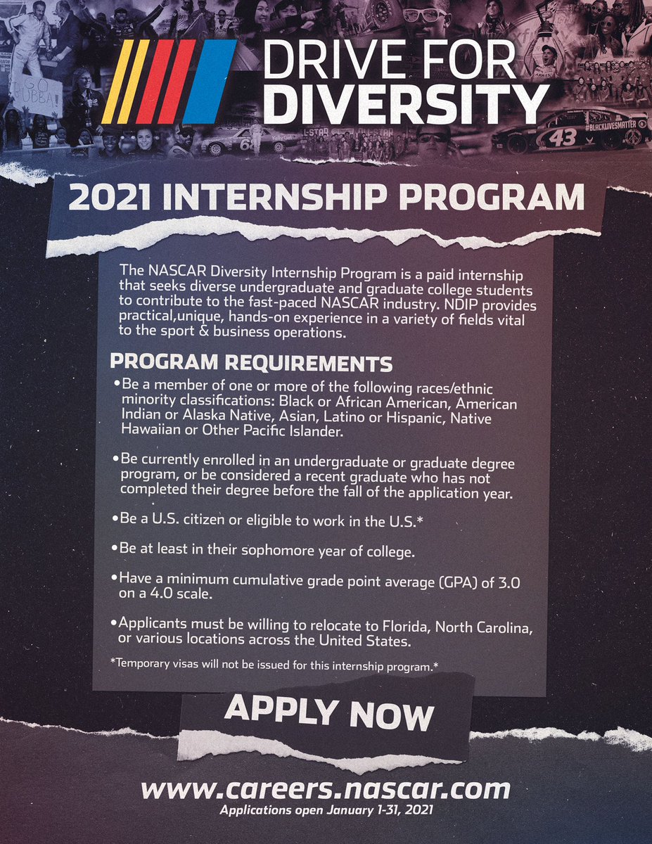 Applications are now open for the 2021 NASCAR Diversity Internship Program!

Deadline to apply is January 31.

Apply now | bit.ly/3pLeyUv

#NDIP