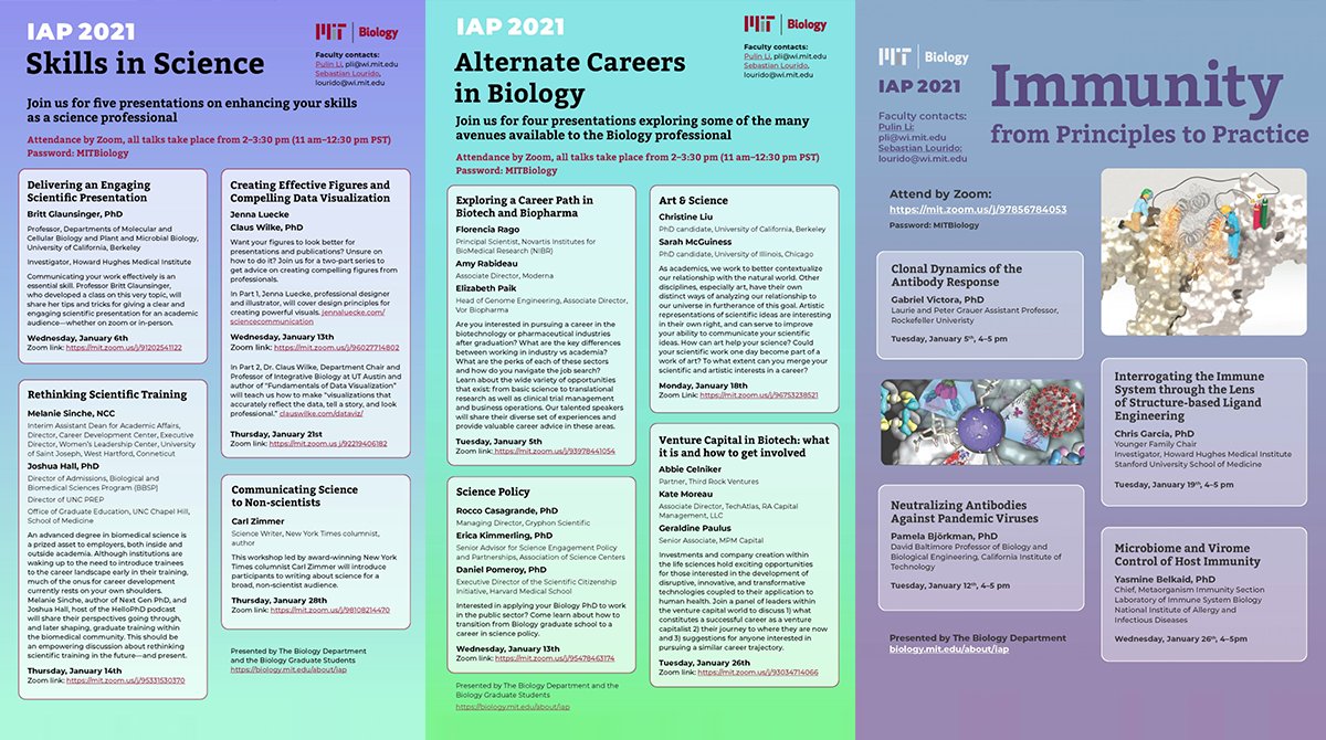 It's the 1st day of MIT's January Independent Activities Period! Check out our line-up of non-credit seminars — Skills in Science, Alternate Careers in Biology, and Immunity from Principles to Practice. Learn more and join us via Zoom: bit.ly/38fizbb