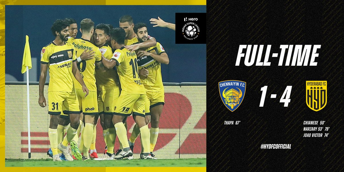 FULL-TIME in #CFCHFC! The new year brings better luck to Hyderabad. Stunning goals from Halicharan Narzary and Joao Victor steal the show and HFC are back to winning ways!

#LetsFootball #HarKadamNayaDum #HydKeHainHum #HyderabadFC 💛🖤