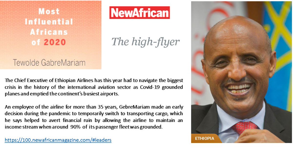 flyethiopian's tweet photo. On behalf of the entire 17,000 employees of Ethiopian, we would like to Congratulate our GCEO for being selected as one of the 100 most influential people in Africa for the second time. While we congratulate him once again, we wish him the best of health and many more successes. https://t.co/mJvuXbTD3U