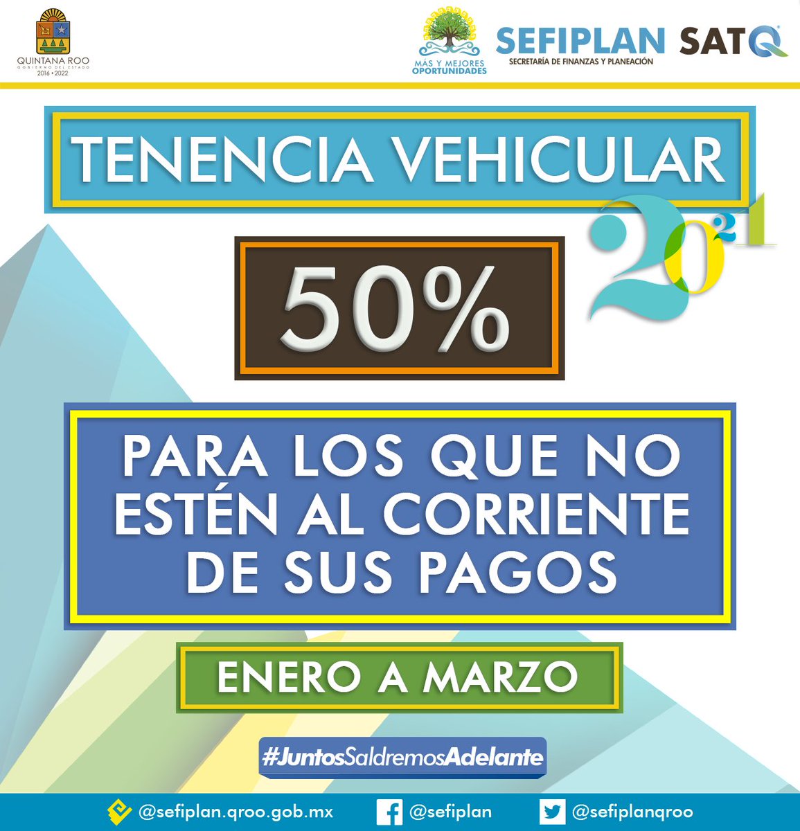 Ya te enteraste de los #EstímulosFiscales2021 que el <a href="/GobQuintanaRoo/">Gobierno Quintana Roo</a> tiene para ti este año? Aprovecha el 100% en Tenencia Vehicular si estas al corriente de tus obligaciones fiscales y si te atrasaste, de enero a marzo te otorgamos un 50%. #Actualízate. #JuntosSaldremosAdelante