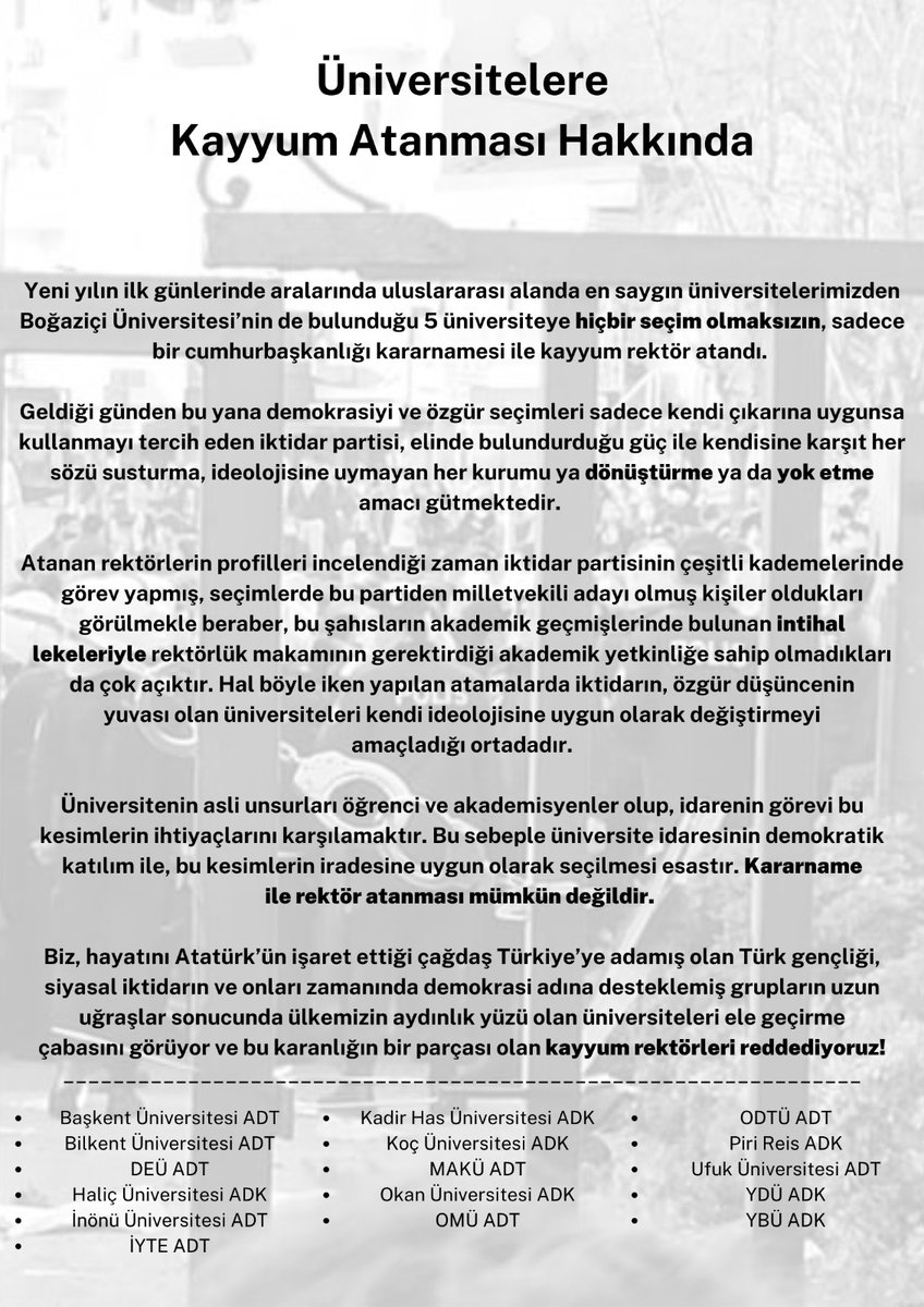 Üniversitelere Kayyum Atanması Hakkında

#KabulEtmiyoruzVazgeçmiyoruz 
#BoğaziçiRektörSeçimiİstiyor