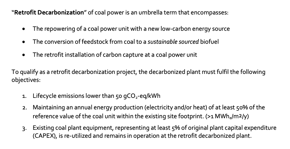 [4/x] We define the term RETROFIT DECARBONIZATION to include _anything_ done to keep existing some coal plant equipment in operation (>5 % of org. plant capex), approx. maintaining its function (>50 % of org. annual generation) while eliminating emissions (<50 gCO2-eq/kWh).