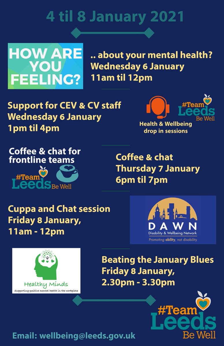 LeedsCC_People's tweet photo. Throughout the week we have a number of #Wellbeing sessions available for colleagues to join, for personal support or to help others. Joining details on Insite https://t.co/ZCKe0A4QPL or Facebook https://t.co/jjCtlumyd1 👈 #TeamLeedsBeWell https://t.co/KmcUQXzJH8