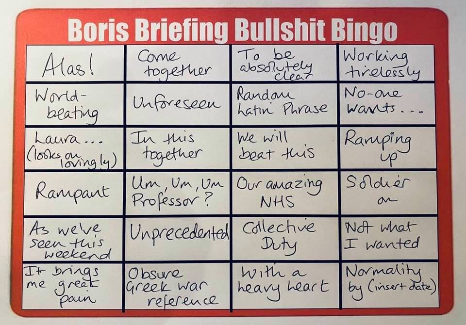 Play along with #BorisBriefingBingo at 8pm tonight when Boris will repeat today's leaks about England's #NationalLockdown