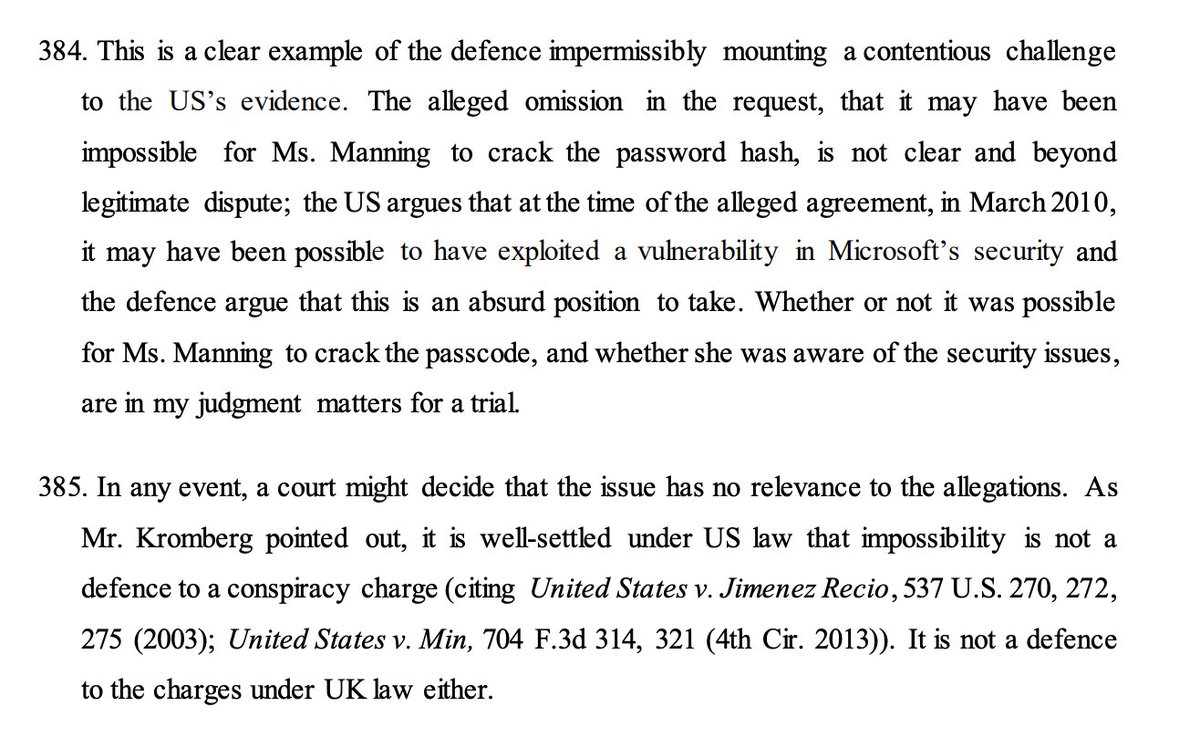Baraitser ultimately rules that Assange's dispute re password hash is irrelevant based on US (and UK) conspiracy law. This was obviously throughout, but people who should have known better claimed otherwise.