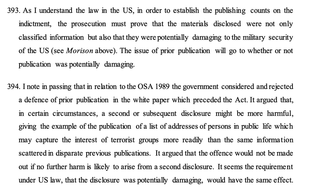 It's worth noting that Baraitser ALSO did not rule that a secondary publication put the crime beyond the reach of OSA, which I had thought she might (IMO was Assange's strongest evidentiary arg).
