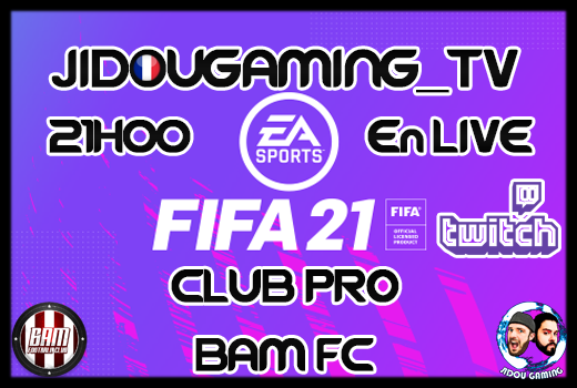 ⚽⚽⚽ LIVE FIFA 21 CLUB PRO 21HOO⚽⚽⚽
Une fois n'est pas coutume, on se retrouve pour une soirée CLUB PRO avec la BAM FC !!!
Dur la reprise? Viens te détendre ICI 

twitch.tv/jidougaming

@BAM_FC_officiel <a href="/bam/">B. Aleman Meza</a>_papy <a href="/BamKikitos/">Kikitos</a> @BAM_Ne0 
@bam <a href="/PChicoteur/">PetitChicoteur</a> <a href="/assylembh/">assylem</a> <a href="/DockerS08/">Ld0ckS 🇧🇪</a>