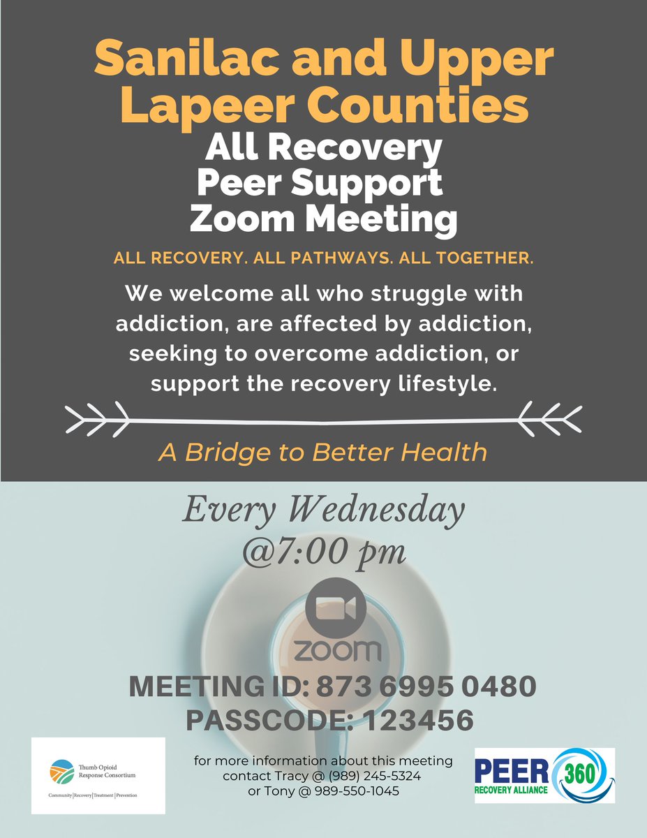 ThumbConsortium's tweet photo. Join us every Wednesday at 7:00 P.M. for an All Recovery Peer Support Virtual Zoom Meeting beginning this week! 
#MentalHealthMonday #addictionrecovery #allrecovery #Peer360 #BetterTogether #TORC

Link: https://t.co/Si6PFYdktG https://t.co/18MyLlO8Hv