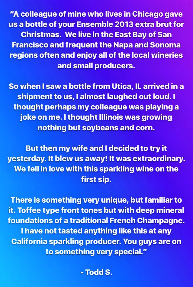 PopsChicago's tweet photo. This is the way to start out the new year!@SparklingCo just received this email about the Ensemble 2013 Extra Brut, which is an exclusive collaboration between Pops &amp; ICS. Cheers to this fantastic compliment! 
We have this available  under "Bubbles To-Go" - "Illinois Package"! https://t.co/7Yx82HgHqR