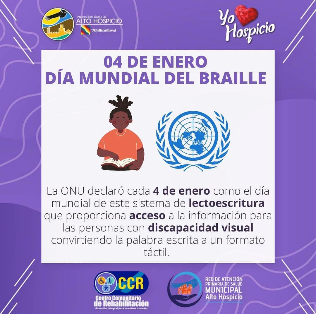 CCRAltoHospicio's tweet photo. En este día se busca concientizar sobre la importancia de este medio de comunicación y de alfabetización para las personas con discapacidad visual.

El braille es un sistema de lectoescritura que sirve para leer, comunicar y favorecer la inclusión social

#AltoHospicio https://t.co/6dspfnvb1K