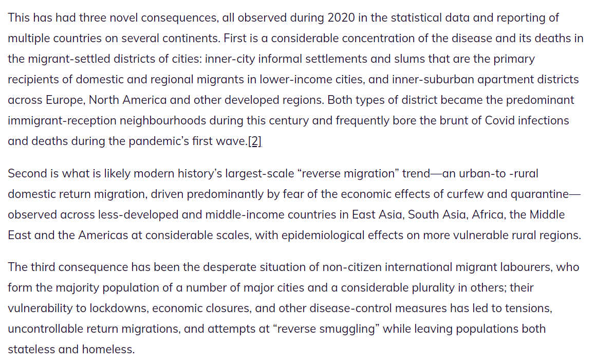 I found three major worldwide effects of the pandemic on urban migration-origin communities:- Concentration of infection in immigration districts- The largest 'reverse migration' event in history- Huge stranded populations of noncitizen migrantsI'll discuss in detail.