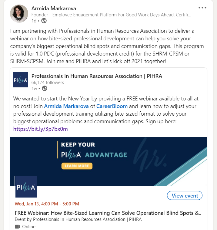 amarkarova's tweet photo. I'm partnering with Professionals in Human Resources Association to deliver a webinar on how bite-sized professional development can help you solve your company's operational blind spots and communication gaps. This program is valid for 1.0 PDC  for the SHRM-CPSM or SHRM-SCPSM. https://t.co/eA5v2WVREs