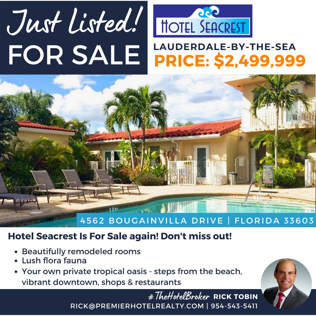 CREPropertyWire's tweet image. We are pleased to announce that Premier Hotel Realty has just listed Hotel Seacrest For Sale again. ☀️

Do not miss your opportunity at this secluded tropical oasis with everything that Lauderdale-by-the-Sea has to offer🏨 

📞 Contact Rick Tobin for more details at 954-543 ...