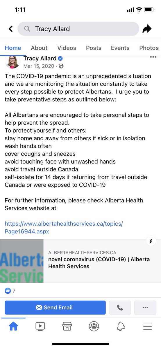 RachelNotley's tweet photo. UCP Minister of Municipal Affairs Tracy Allard posted this on March 15 just as the COVID-19 pandemic began in Alberta. 

Note the "avoid travel outside of Canada," portion.

#ableg #abhealth https://t.co/jissz4ZvaQ