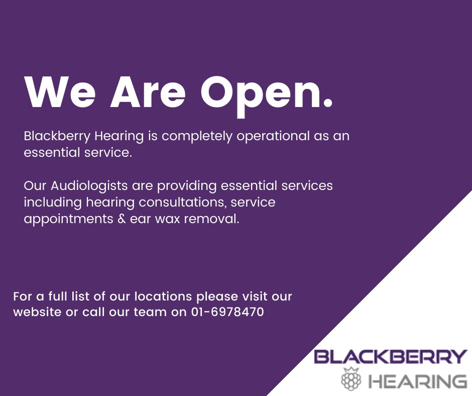 As Ireland has entered level 5 restrictions, Blackberry Hearing is completely operational as an essential service. 

Our Audiologists are providing essential services including hearing consultations, service appointments &amp; ear wax removal.
bit.ly/38f4BZH
