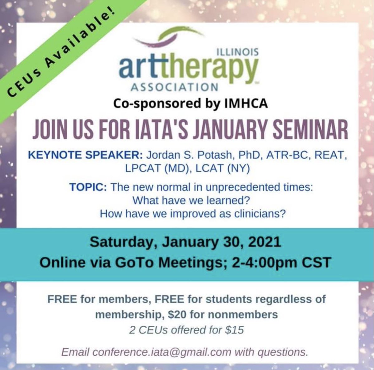 ILArtTherapy's tweet photo. Reminder that we have our first Seminar or the year on Jan 30th. CEUs available and programming is totally free for students and IATA members! https://t.co/WkV1L6OprD